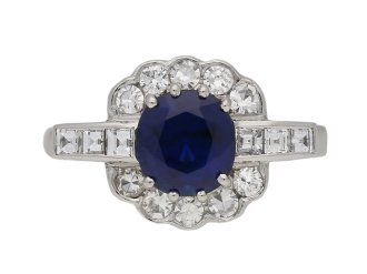 front view Royal blue Burmese sapphire diamond ring berganza hatton garden