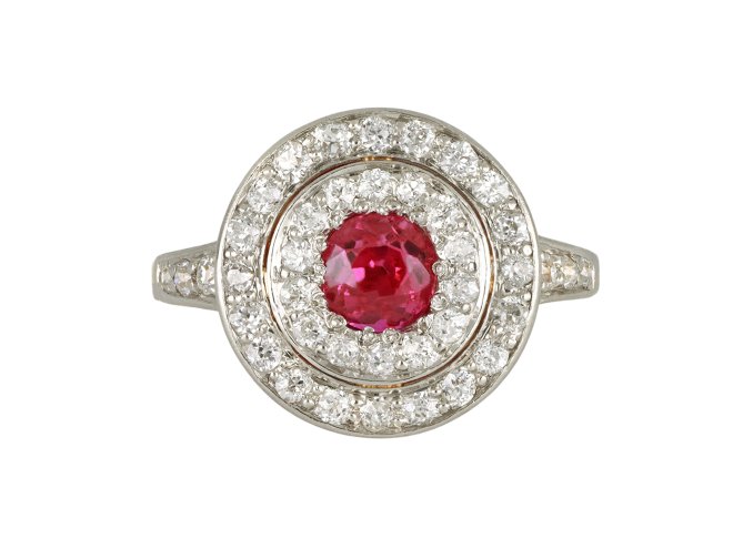 Burmese ruby and diamond two row cluster ring, circa 1905.