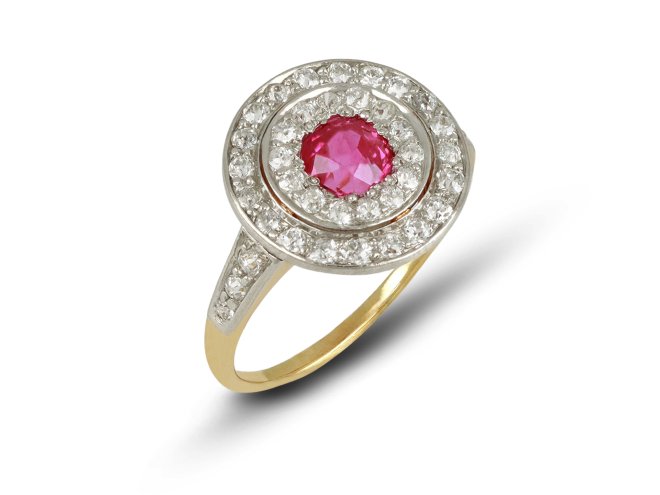 Burmese ruby and diamond two row cluster ring, circa 1905.