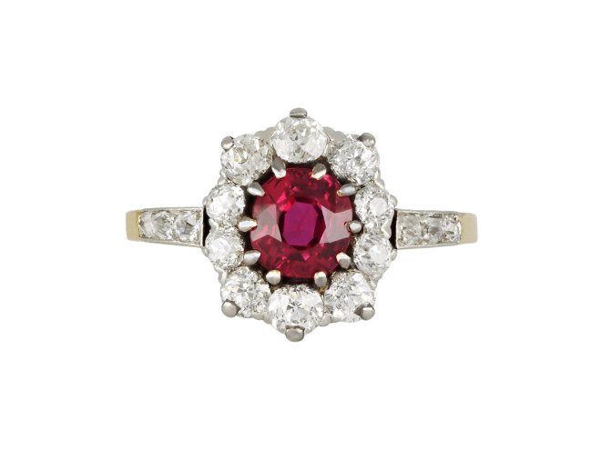 Antique Burmese ruby and diamond coronet cluster ring, English, circa 1905. 