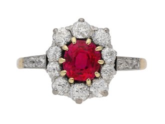 front view Antique Burmese ruby and diamond coronet cluster ring, circa 1905. berganza hatton garden 