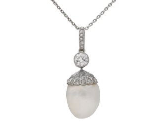 Antique natural pearl and diamond pendant, circa 1905. berganza hatton garden