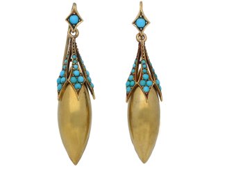 front view Antique turquoise drop earrings, circa 1870. berganza hatton garden 