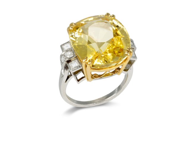 Yellow Ceylon sapphire and diamond ring, English, circa 1950.