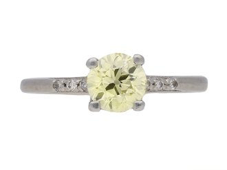 Fancy yellow diamond solitaire ring, English, circa 1950. 