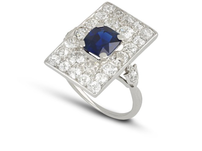 Art Deco sapphire and diamond cluster ring, circa 1925. 