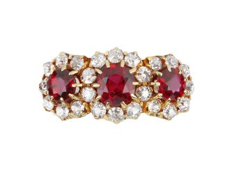 Edwardian ruby and diamond triple cluster ring, English, circa 1905.