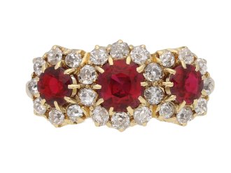 front view Antique ruby and diamond  triple cluster ring, English, circa 1905. berganza hatton garden 