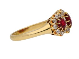 side view Antique ruby and diamond  triple cluster ring, English, circa 1905. berganza hatton garden 