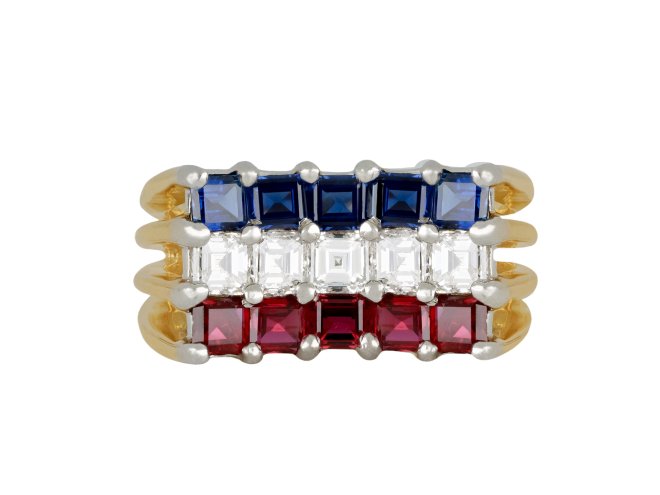 Cartier ruby, sapphire and diamond cocktail ring, French, circa 1975.