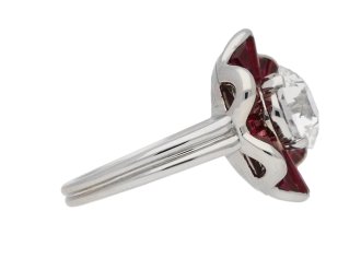 front view Diamond and ruby cluster ring by Oscar Heyman Brothers, circa 1970. berganza hatton garden