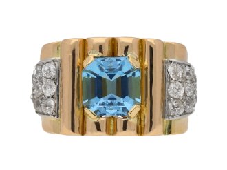 Aquamarine and diamond cocktail ring, French, circa 1940.