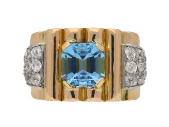 front view  Aquamarine and diamond cocktail ring, circa 1940. berganza hatton garden