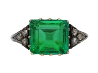 Antique Colombian emerald and rose cut diamond flanked solitaire ring, circa 1860.