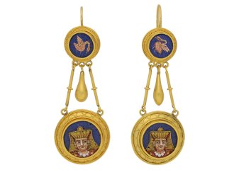 Egyptian Revival micro-mosaic ear pendants, French, circa 1870.