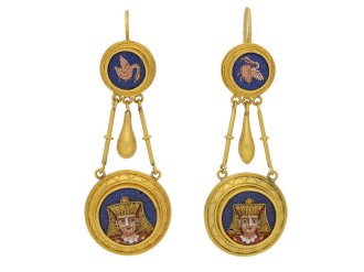 front view Egyptian Revival micro mosaic earrings berganza hatton garden