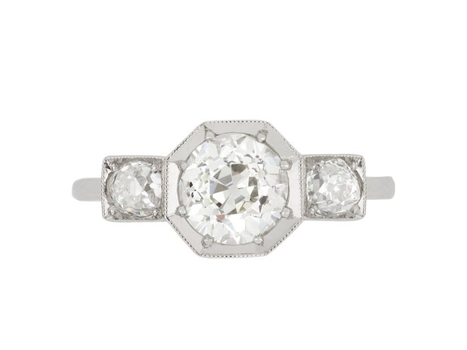 Art Deco diamond three stone ring, English, circa 1930.