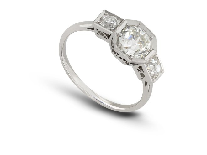 Art Deco diamond three stone ring, English, circa 1930.