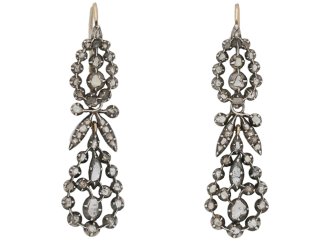 Early Victorian rose cut diamond drop earrings, English, circa 1850. 