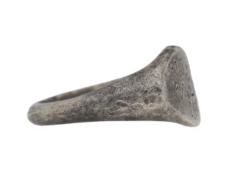 front view Ancient Roman inscribed silver ring berganza hatton garden