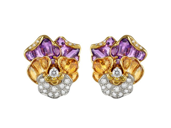 Oscar Heyman Brothers pansy earrings, American.