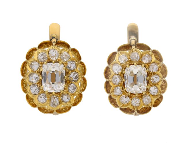 front view antique diamond cluster earrings berganza hatton garden