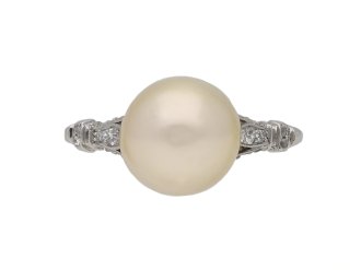 Edwardian natural pearl and diamond solitaire ring, English, circa 1910.