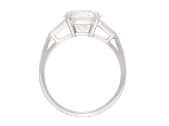 Vintage old cut diamond flanked solitaire ring, English, circa 1950. Hatton Garden