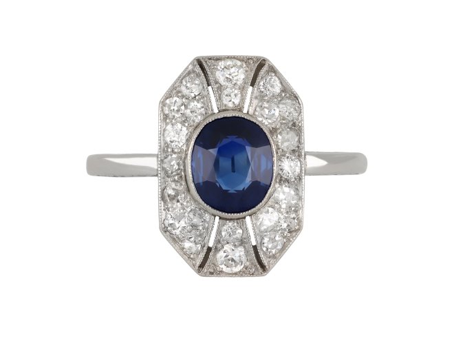 Sapphire and diamond cluster ring, Austrian, circa 1925.