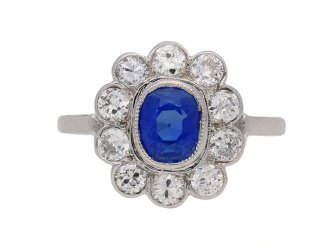 Kashmir sapphire and diamond cluster ring, Austrian, circa 1930.