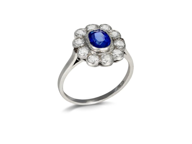 Kashmir sapphire and diamond cluster ring, Austrian, circa 1930.