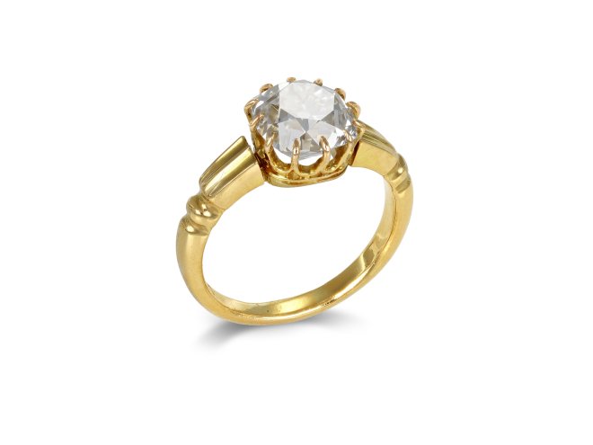 Antique old mine diamond solitaire ring, English, circa 1890.