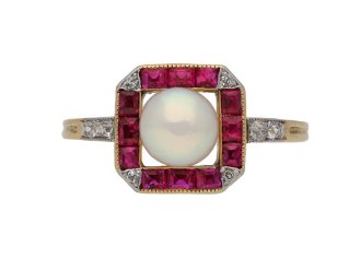 Edwardian natural pearl and ruby cluster ring, English, circa 1910.