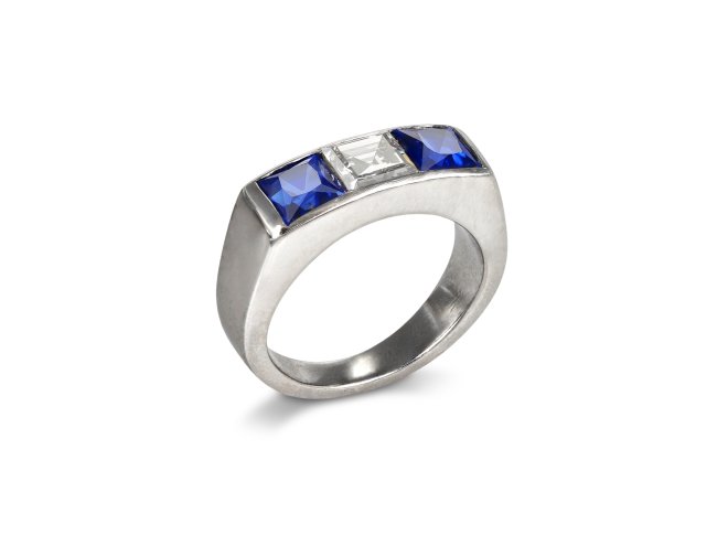 Cartier diamond and sapphire three stone ring, French, circa 1956