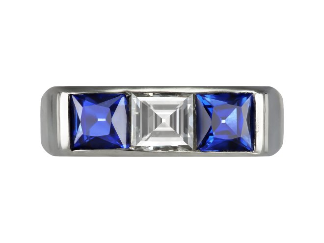 Cartier diamond and sapphire three stone ring, French, circa 1956