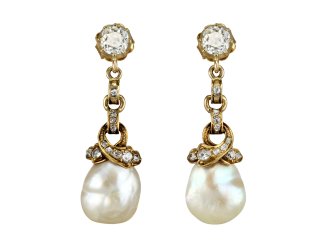 Natural pearl and diamond earrings, circa 1880.