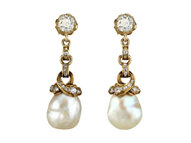 Natural pearl and diamond earrings, circa 1880.