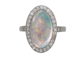 Crystal opal and diamond cluster ring, English, circa 1920.