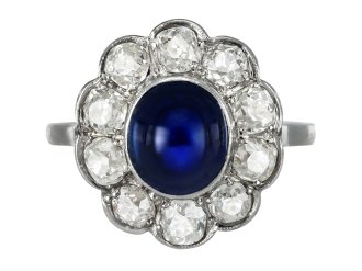 Edwardian sapphire and diamond coronet cluster ring, English, circa 1910.