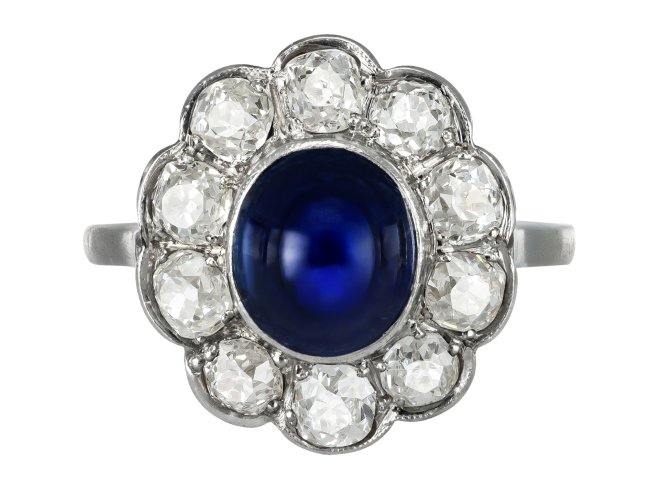 Edwardian sapphire and diamond coronet cluster ring, English, circa 1910.