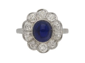 Edwardian sapphire and diamond coronet cluster ring, English, circa 1910.