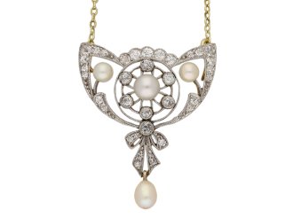Edwardian natural pearl and diamond brooch/pendant, English, circa 1900.