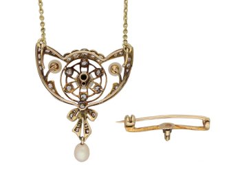 Edwardian natural pearl and diamond brooch/pendant, English, circa 1900.