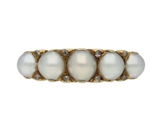 Victorian pearl five stone carved ring, English, circa 1900.