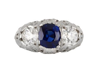 Antique sapphire and diamond three stone ring, English, circa 1920.