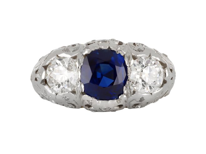 Antique sapphire and diamond three stone ring, English, circa 1920.