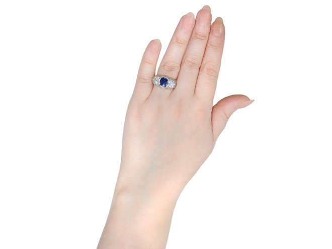 Antique sapphire and diamond three stone ring, English, circa 1920.