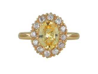 Yellow Ceylon sapphire and diamond coronet cluster ring, circa 1900.