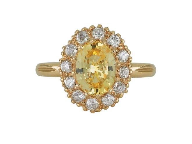 Yellow Ceylon sapphire and diamond coronet cluster ring, circa 1900.