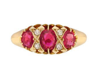Victorian ruby and diamond seven stone ring, English, 1900. Hatton Garden